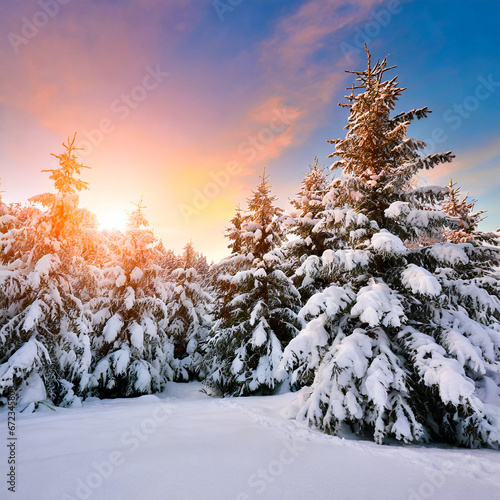 Winter landscape wallpaper with pine forest covered with snow and scenic sky at sunset. Snowy fir tree in beauty nature scenery. © Merlin