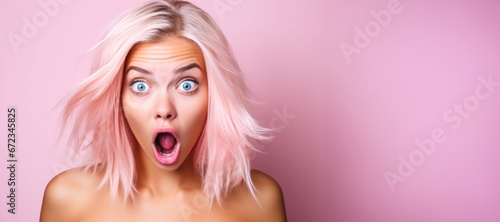 Shocked blonde woman with bare shoulder on pink banner background. photo