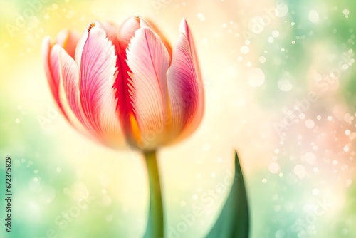 Closeup of blooming tulip flower in spring on pastel bokeh background