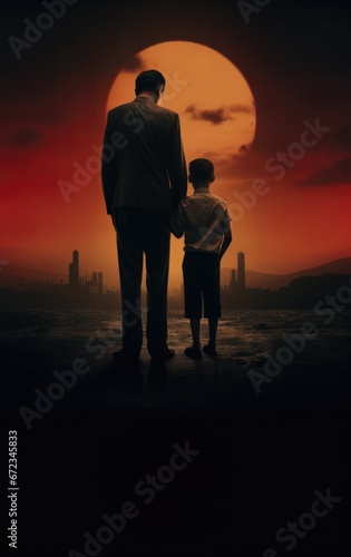 Father and child walking away. Red dark dusk sky. Noir vintage retro movie poster style.