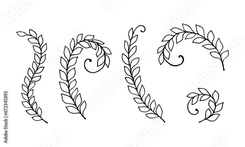 Set of elements forest herb decorative creeping plant. Black outline. Isolated objects on a white background. Vector illustration.