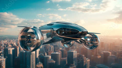 A passenger drone soars in the skies above a modern city, state-of-the-art technology for transportation services. Generative AI
