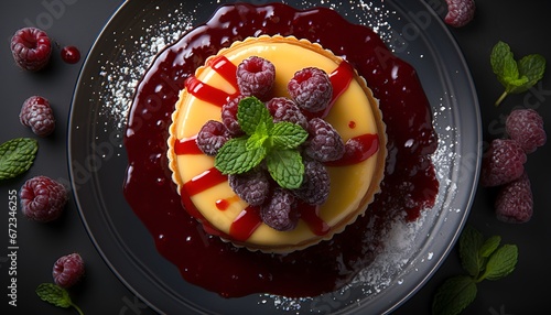 Lemon tart with raspberry coulis  photo