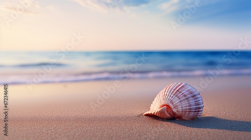 Golden Hour Seashell on Tropical Sandy Beach with Blue Ocean and Sky
