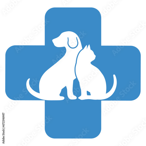 Illustration of the logo of a veterinary clinic.Silhouette of a dog and a cat with a medical cross on a white background.