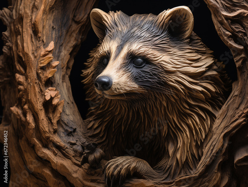 A Detailed Wood Carving of a Raccoon photo