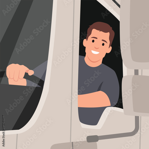 Young Man Driving a Delivery Truck. Smiling truck driver in the car. Delivery cargo service. Flat vector illustration isolated on white background