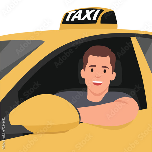 Taxi driver profession during work concept. Young smiling handsome man taxi driver sitting in yellow car and looking from window during job. Flat vector illustration isolated on white background