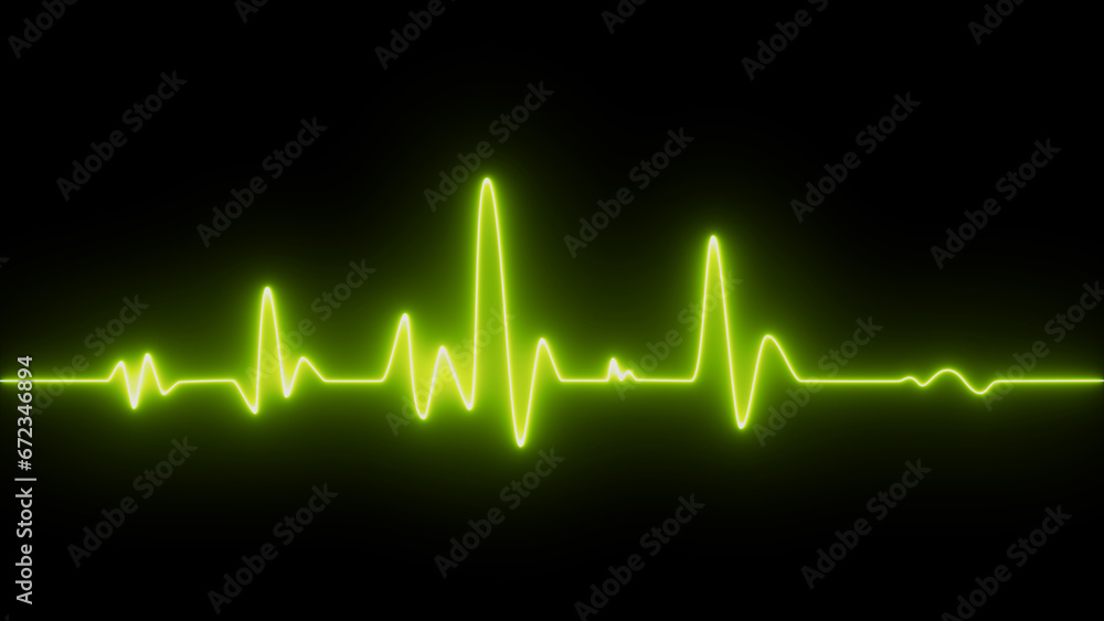 yellow heartbeat rate and pulse on black screen. Neon heartbeat on black isolated background. ECG Heartbeat Display. Background heartbeat line neon light heart rate display screen medical research.