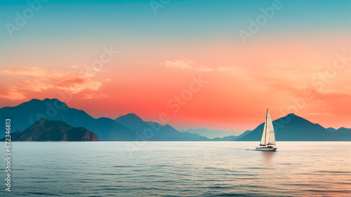 A sailing boat cruising in the open waters, with an island nearby and distant mountains visible on the horizon, during the tranquil moments of a sunset. Generative AI