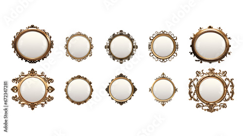 Collection set of round vintage picture frame isolated on transparent or white background, png