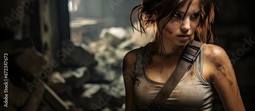 A young woman cosplayer is observed portraying her superhero Lara Croft in a dilapidated concrete setting