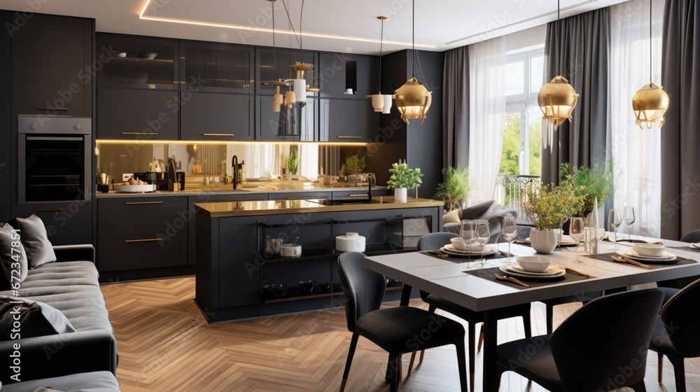 Small and trendy designed flat interior with stylish black and gold kitchen, new style dining area and elegant living room 8k,