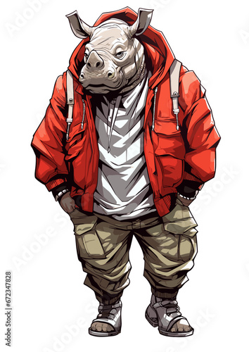 Cool comic anthropomorphic rhino character in anime graffiti style isolated on white background. Wild animal like people. Generative AI.