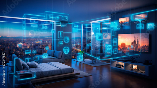 photograph showcasing a technologically advanced apartment or smart home, highlighting the latest in modern home technology. Generative AI  photo