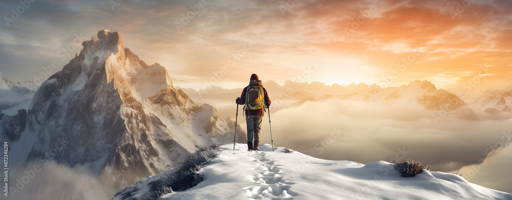 Winter holidays, Concept travel ski, walking ski alpinist, Freeride skiing, man on top of the mountain, Winter holidays, Traveling concept background