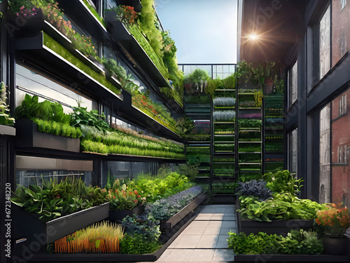 Urban Agriculture Blooms: Vertical Garden Amidst City Hustle. generative AI