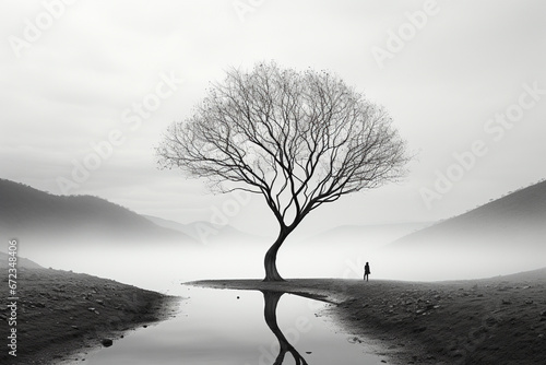 A simple and elegant black and white photograph featuring a tree in a minimalist style. Ai generated