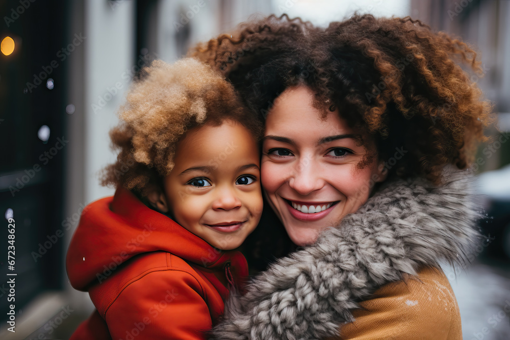 portrait of mother and her chil outdoors in the street and snow portrait of mother and her chil outdoors in the street and snow