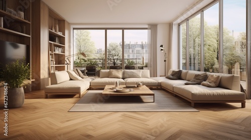 Spacious family room with wooden parquet and big windows 8k, © Creative artist1