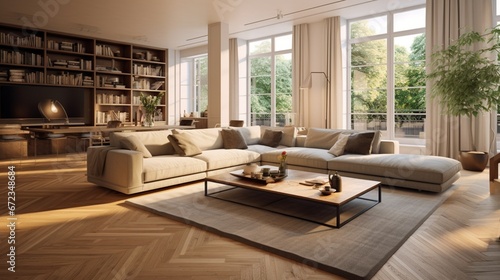 Spacious family room with wooden parquet and big windows 8k, © Creative artist1