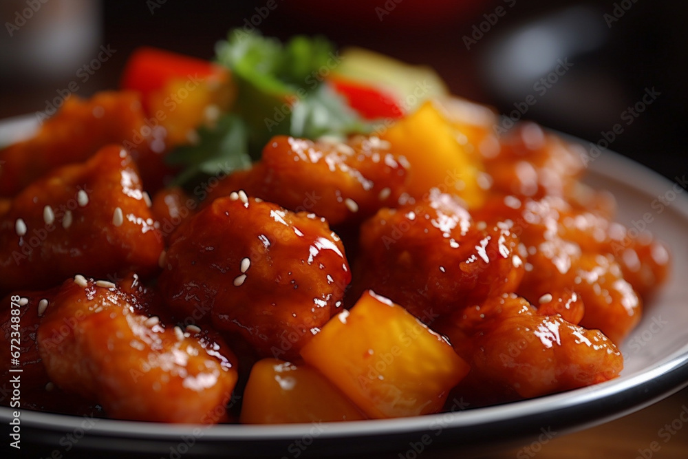 A delectable sweet and sour pork dish beautifully captured in this product photography. Ai generated A delectable sweet and sour pork dish beautifully captured in this product photography. Ai generated