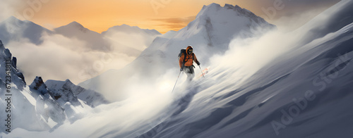 Winter holidays, Concept travel ski, walking ski alpinist, Freeride skiing, man on top of the mountain, Winter holidays, Traveling concept background © elina