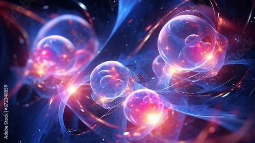 Quantum entanglement visualized through entwined, glowing spheres that represent quantum states.