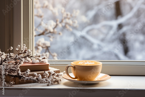 Enjoy the serene warmth of winter with a cup of coffee, a good book, and a snowy view outside the window. Ai generated