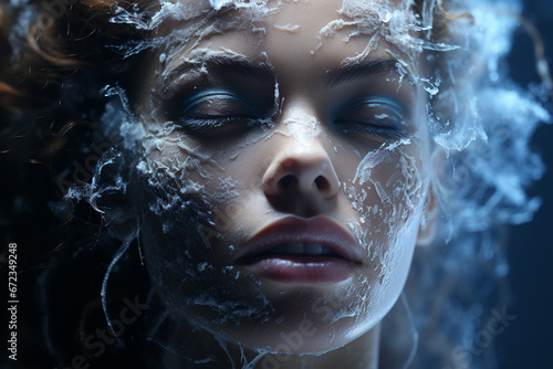 Refresh your skin with a splash of icy water, a perfect concept for youthful, revitalized woman face beauty or treatment concept. Ai generated © dragomirescu