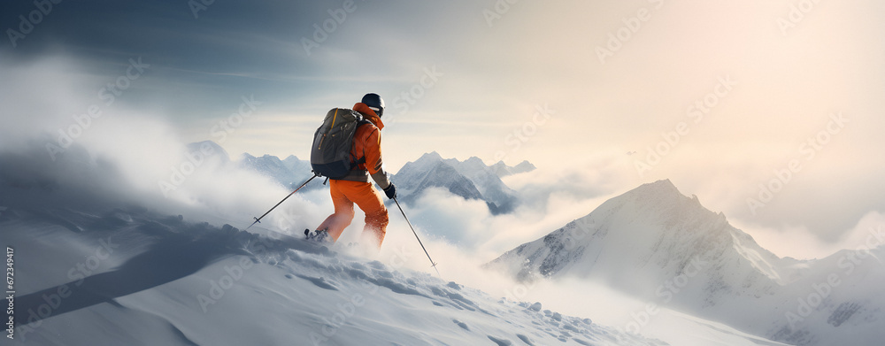 Winter holidays, Concept travel ski, walking ski alpinist, Freeride skiing, man on top of the mountain, Winter holidays, Traveling concept background Winter holidays, Concept travel ski, walking ski alpinist, Freeride skiing, man on top of the mountain, Winter holidays, Traveling concept background