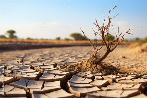Parched soil and withered plant in arid desert environment