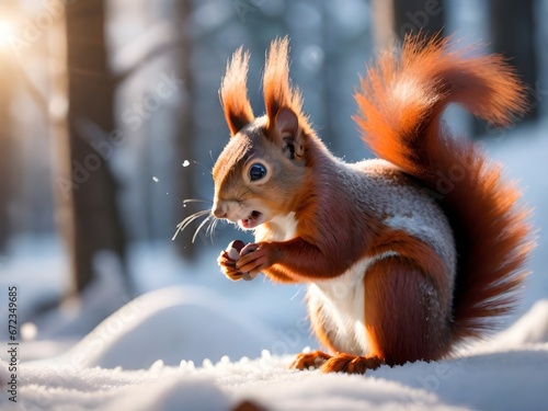 Cute red squirrel eats a nut in winter scene with nice blurred forest in the background. Generative AI © Royalty-Free