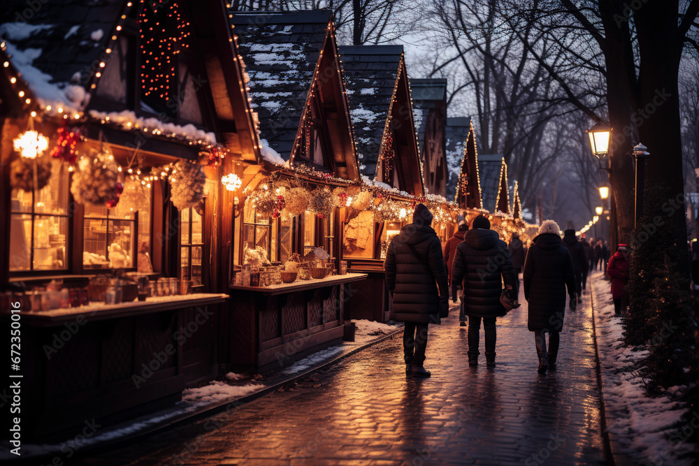 Fototapeta premium Quaint and adorable Christmas market at night. Christmas concept. Generative AI