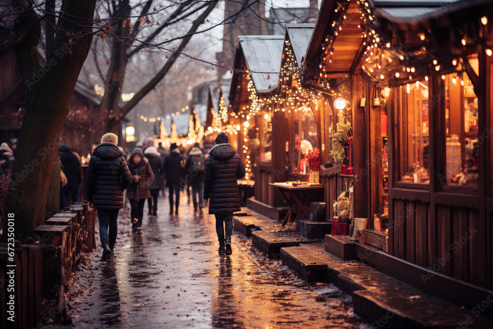 Quaint and adorable Christmas market at night. Christmas concept. Generative AI