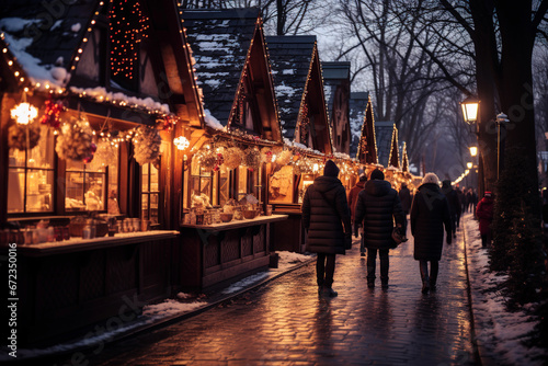 Quaint and adorable Christmas market at night. Christmas concept. Generative AI