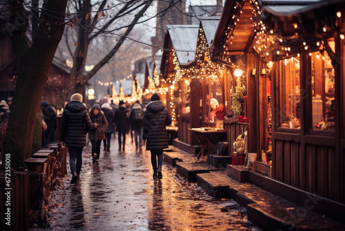Quaint and adorable Christmas market at night. Christmas concept. Generative AI © AnaIsabel