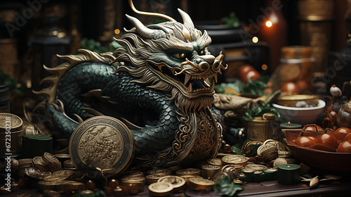 Green Dragon Guardian: A powerful green dragon standing guard over a treasure trove, signifying the protective energy of the New Year 2024