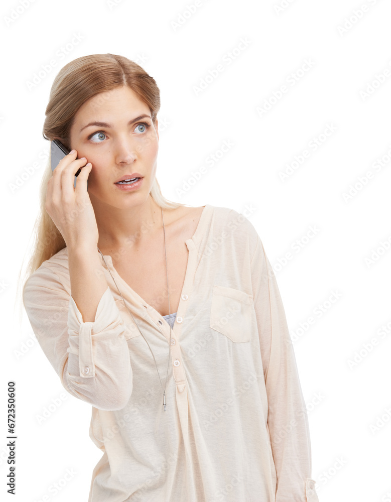 Isolated woman, thinking and confused on phone call with conversation by transparent png background. Girl, scared and smartphone with shock, anxiety and questions for contact on mobile network Isolated woman, thinking and confused on phone call with conversation by transparent png background. Girl, scared and smartphone with shock, anxiety and questions for contact on mobile network