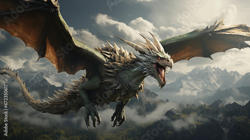 Dragon's Flight: An epic portrayal of a green dragon taking flight over a breathtaking landscape, representing the boundless opportunities of the New Year 2024 © Наталья Евтехова
