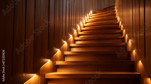 Stairway lights bulb for illumination as safety protection wooden stairs architecture interior design of contemporary  Modern house building stairway 8k 