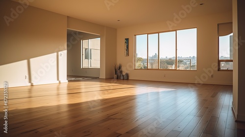 Empty interior design room with Shiny wooden parquet floor. AI generated image