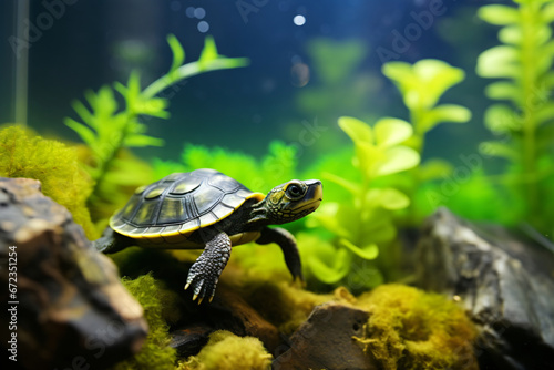 turtle swimming in water pool with water plants background