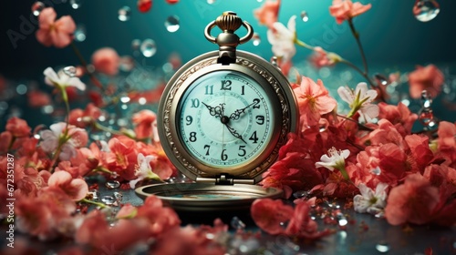 Close-up of a vintage pocket watch surrounded by scattered flower petals on an aqua background  spring time