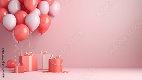 Gift boxes with balloons. Background with copy space.