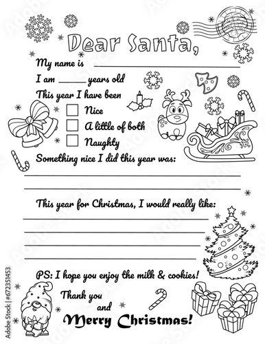Coloring page Letter to Santa. For print. Christmas wish list. Template for children