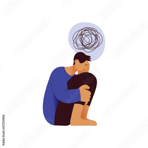 Mental disorders illustration. Frustrated man with nervous problem feel anxiety and confusion of thoughts, closing face with palms in despair. Vector flat illustration