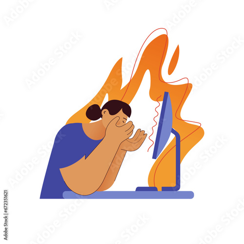 Professional burnout syndrome. Woman in stress under pressure, fire on the background. Frustrated worker, mental disorder problems. Modern vector flat illustration