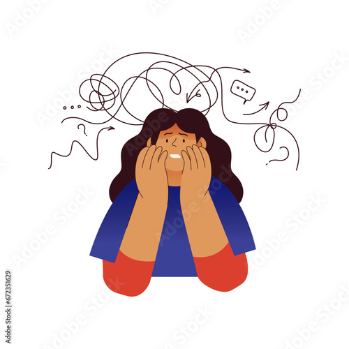 Mental disorders illustration. Frustrated woman with nervous problem feel anxiety and confusion of thoughts. Female with anxiety touch head surrounded by thoughts. Vector flat illustration