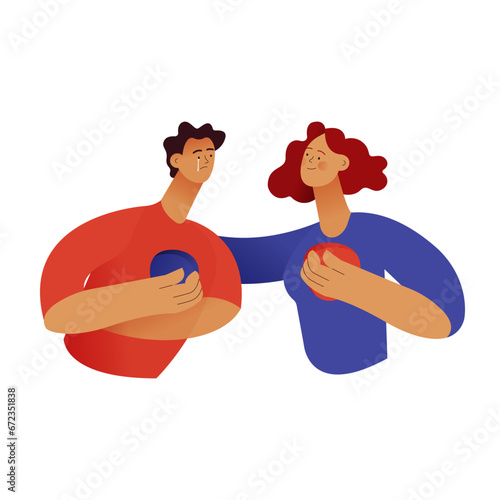 Empathy and friendship concept. Female comforting her male sad friend. Woman supports male with psychological problems. Modern vector flat illustration